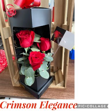 A trio of rich red roses, encased in a beautifully crafted cardboard and ribbon.